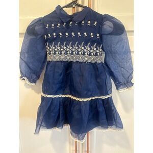 Vintage Montgomery Ward Girls Navy Blue Organza Embroidered Lace Party Dress
